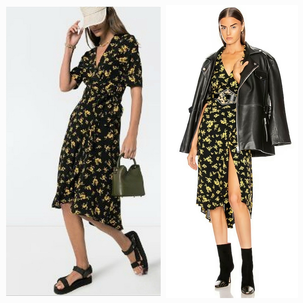 Ganni Floral Midi Wrap Dress Short Sleeves Black Yellow size XS retail $289